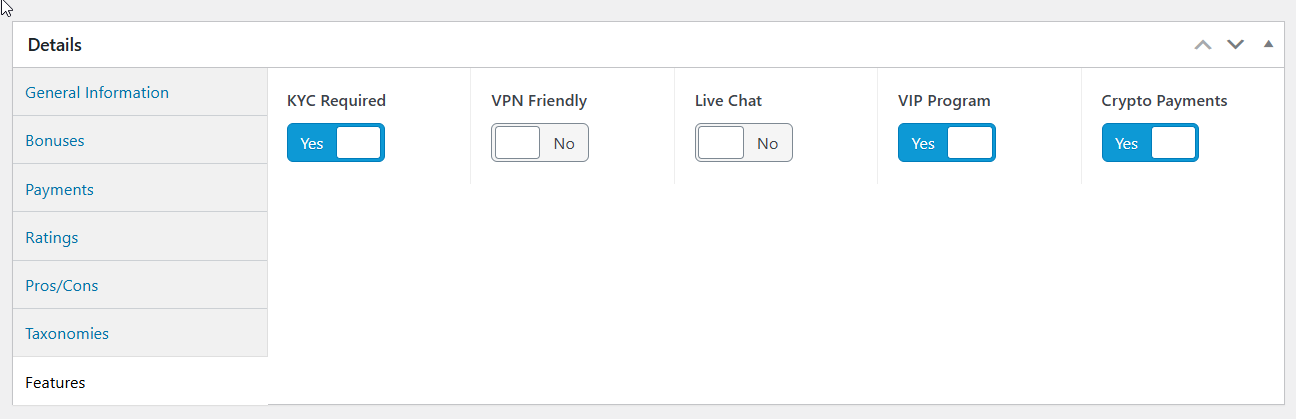 Casino features admin