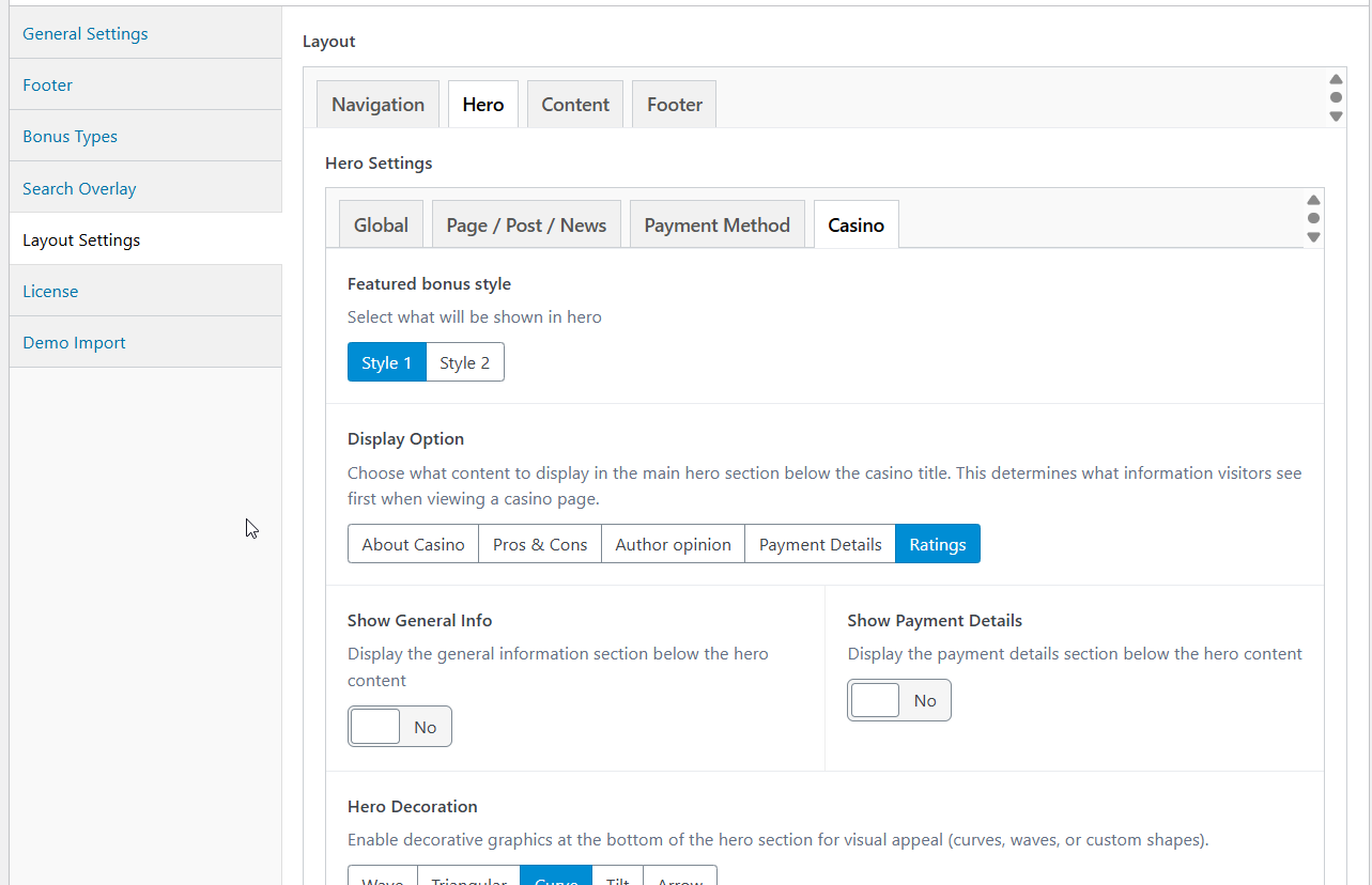 Casino hero settings
