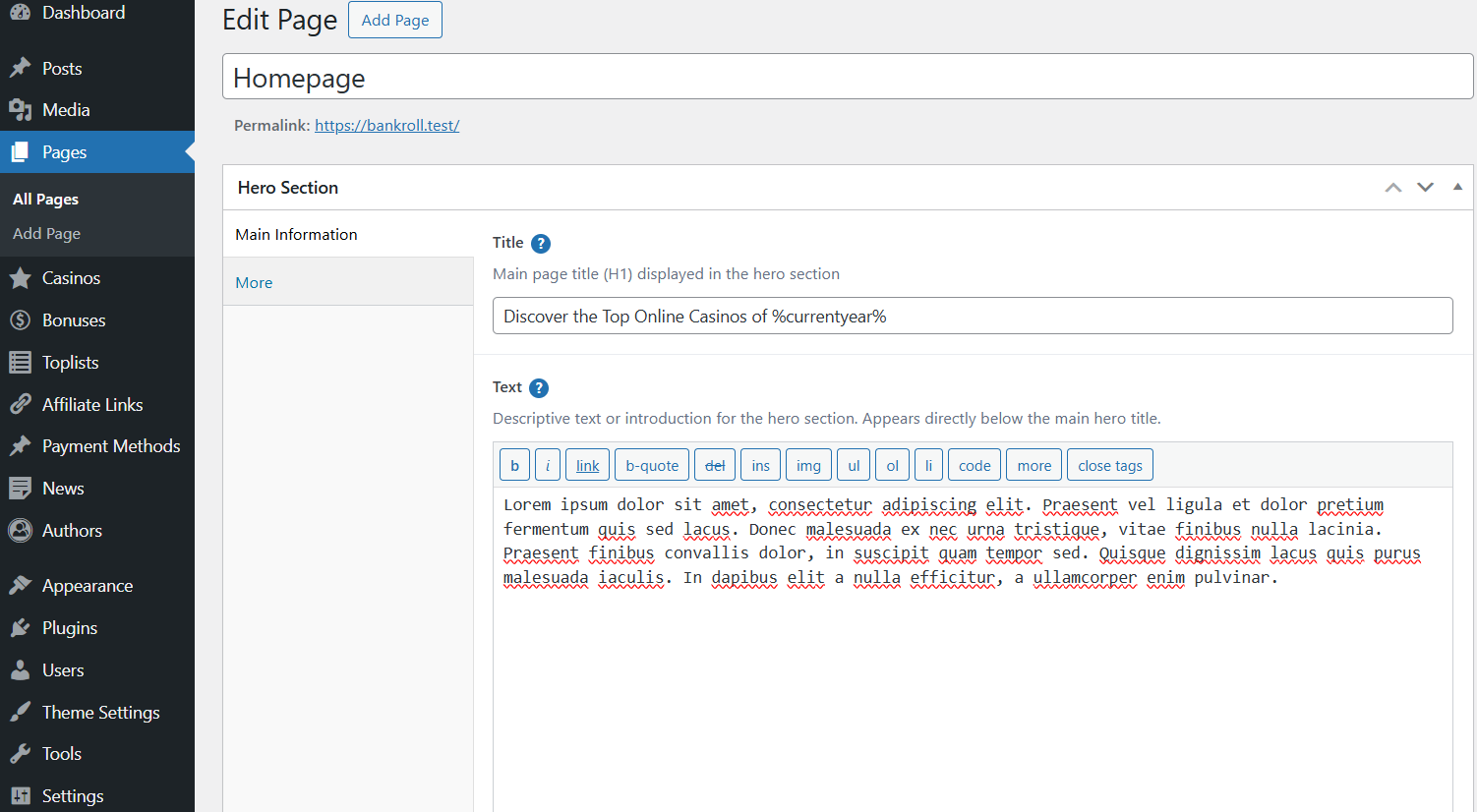 Homepage hero section
