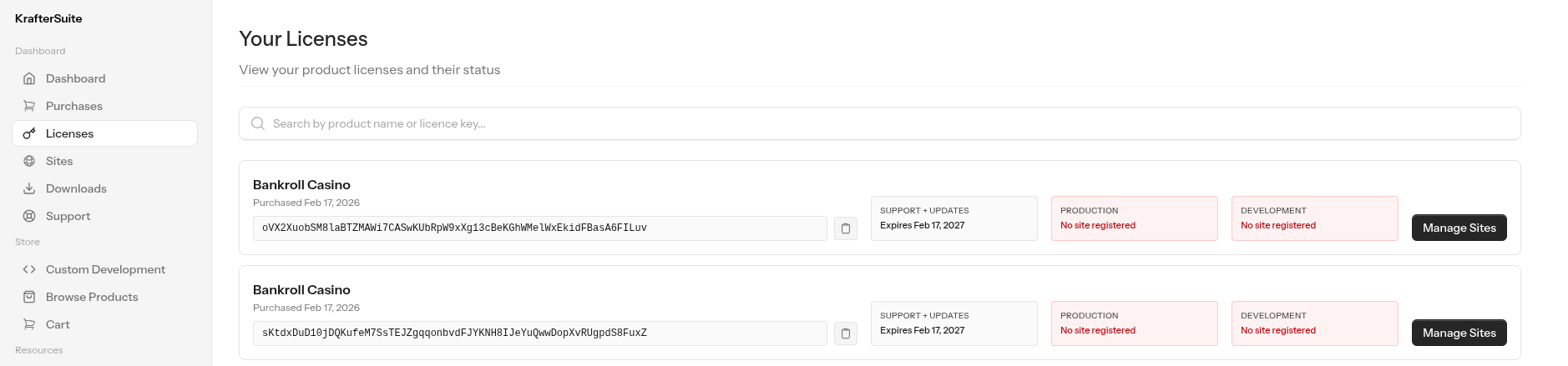 Manage licenses page