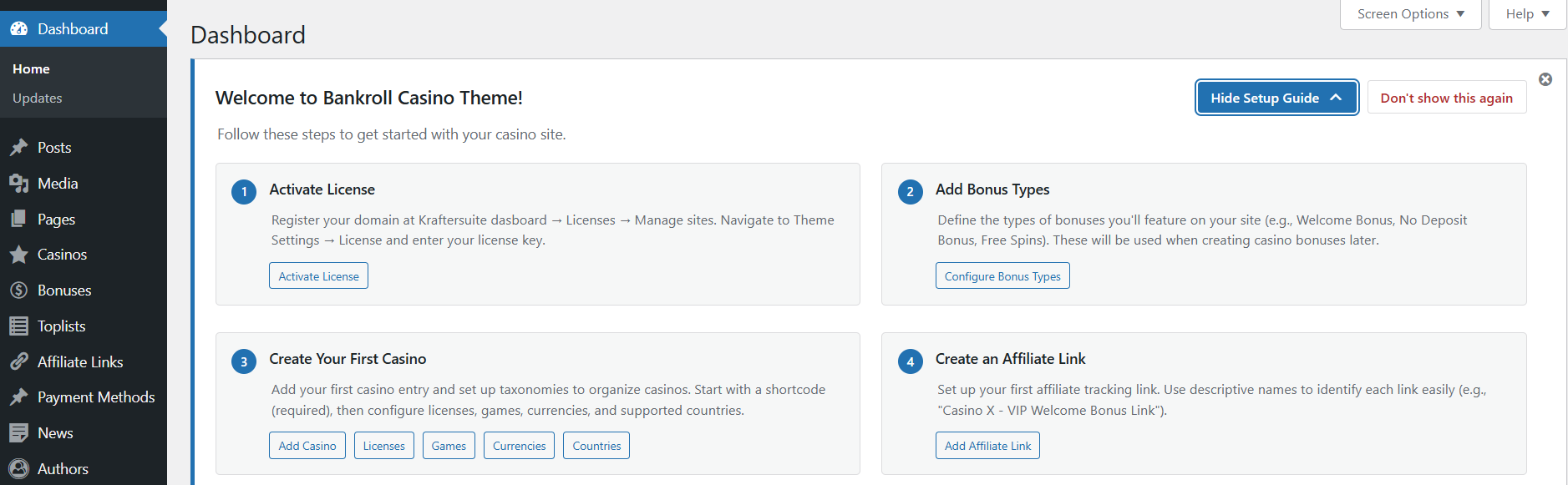 Onboarding notice in WordPress admin dashboard
