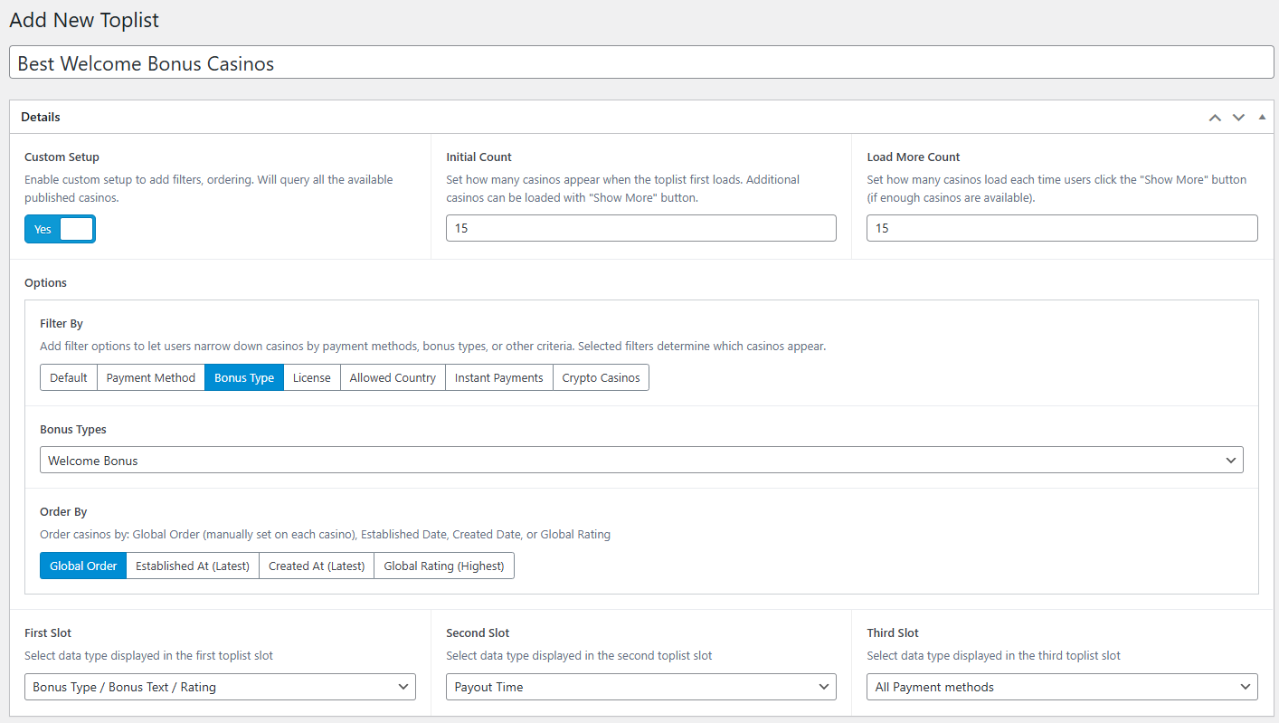 Manual toplist setup