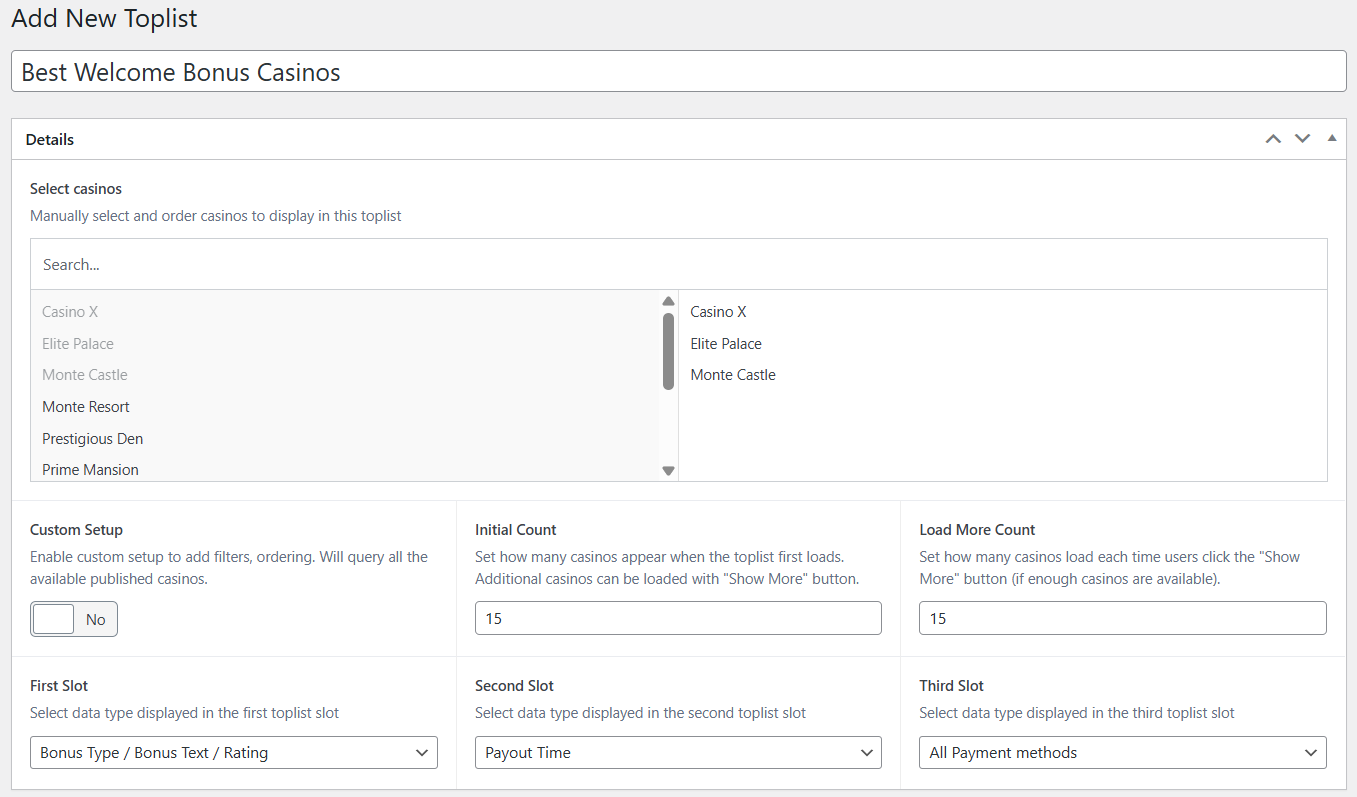 Manual toplist setup
